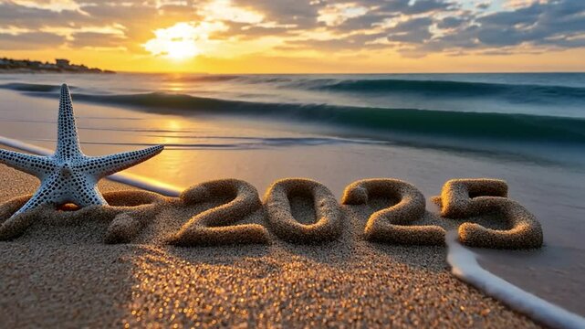 Sand with the words "2025" inscribed on it at sunset on a beach with roaring waves, a colorful sky, and striking clouds.