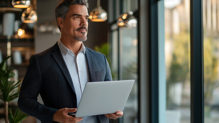 Fototapeta premium Businessman Standing and Looking Holding a Laptop contemplating business strategy or analyzing corporate data in Modern Office Setting.