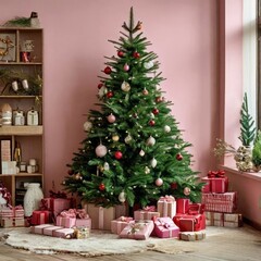 This captivating photo showcases a festive Christmas tree in a warm and inviting living room. 