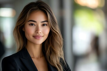 Naklejka premium Confident Woman in Black Blazer, Smiling & Ready to Achieve Goals.