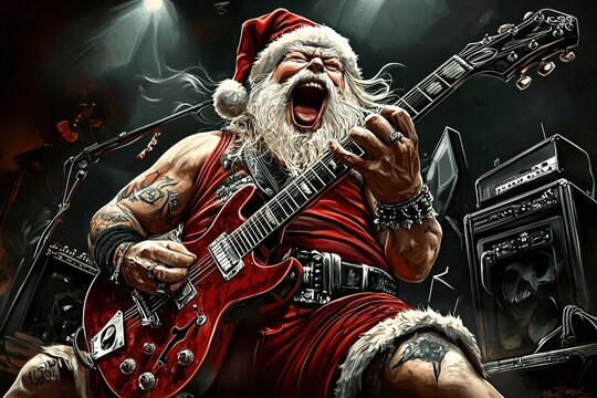Santa Claus rockstar guitarist playing the guitar on stage. Generative Ai