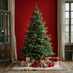 This captivating photo showcases a festive Christmas tree in a warm and inviting living room. 