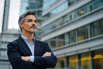 Fototapeta premium Business Executive Standing with Arms Crossed in Front of Office Building – Confidence and Corporate Determination Concept