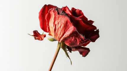 Isolated withered red rose against a clean white backdrop