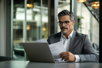 Fototapeta premium Mature Businessman Wearing Glasses Reading Documents at Desk in Modern Office Corporate Analysis and Professional Planning Concept