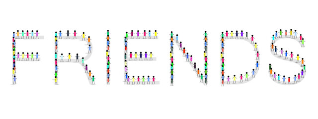 A group of people in the shape of a letter, Inscription friendship, word from people.