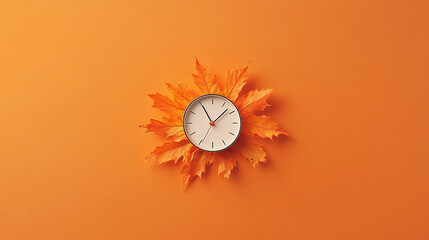 White clock on orange background with autumn leaf. Summer time end and fall season coming. Clock turn backward to winter time. Autumn equinox. Daylight saving time ends