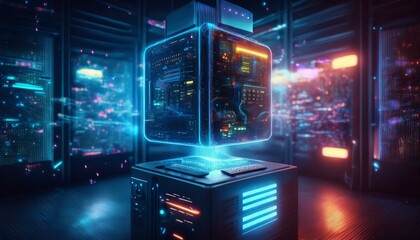 Cyberpunk Server Room: Futuristic server room with glowing blue and orange lights, showcasing a powerful server with intricate circuitry and holographic displays.