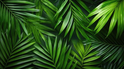 Close up texture of vibrant green leaves showcasing a tropical nature background featuring lush palm foliage