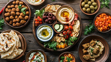 Middle Eastern Mezze Platter with Hummus, Falafel, Pita Bread and Olives