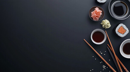 Sushi and Soy Sauce on Black Background with Copy Space
