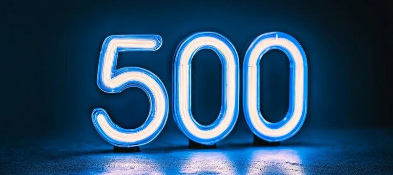 Neon Number 500, Blue Neon Light Glowing in the Dark With Copy Space, Concept Image for Celebration