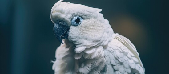Fototapeta premium Beautiful And Fluffy White Parrot Close Up Looking At The Camera Wide Angle Photo
