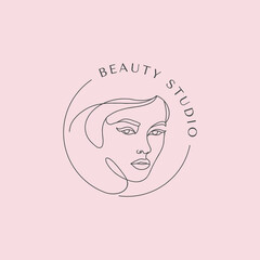 Woman face monoline for beauty studio logo design
