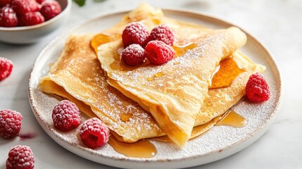 Delicious crepes served with raspberries maple syrup and powdered sugar beautifully arranged on a marble table with morning sunlight Ideal for creative food presentations