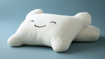 A white plush pillow with a smiling face, lying on a blue background.