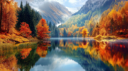 Obraz premium tranquil lake mirroring the surrounding autumn foliage