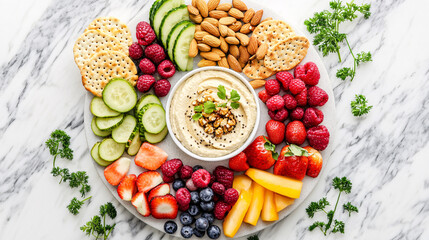Hummus and Fruit Platter on Marble Background