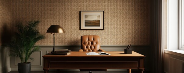 Cozy office featuring vintage rustic furniture and warm lighting for a relaxing work atmosphere.