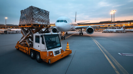Aircraft parked on airport tarmac with a cargo loader vehicle transferring baggage, illuminated terminal visible in background at dusk.