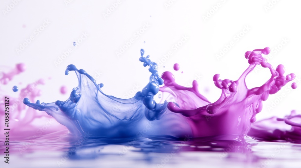Poster blue and pink ink drops create abstract patterns as they fall into water