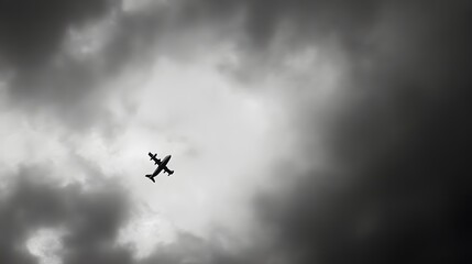 A single plane flies through a cloudy sky.