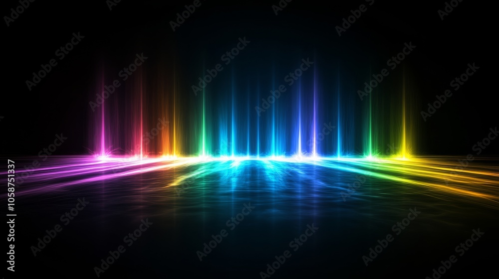 Poster multicolored rays of light shine on a dark surface, creating a vibrant and abstract scene