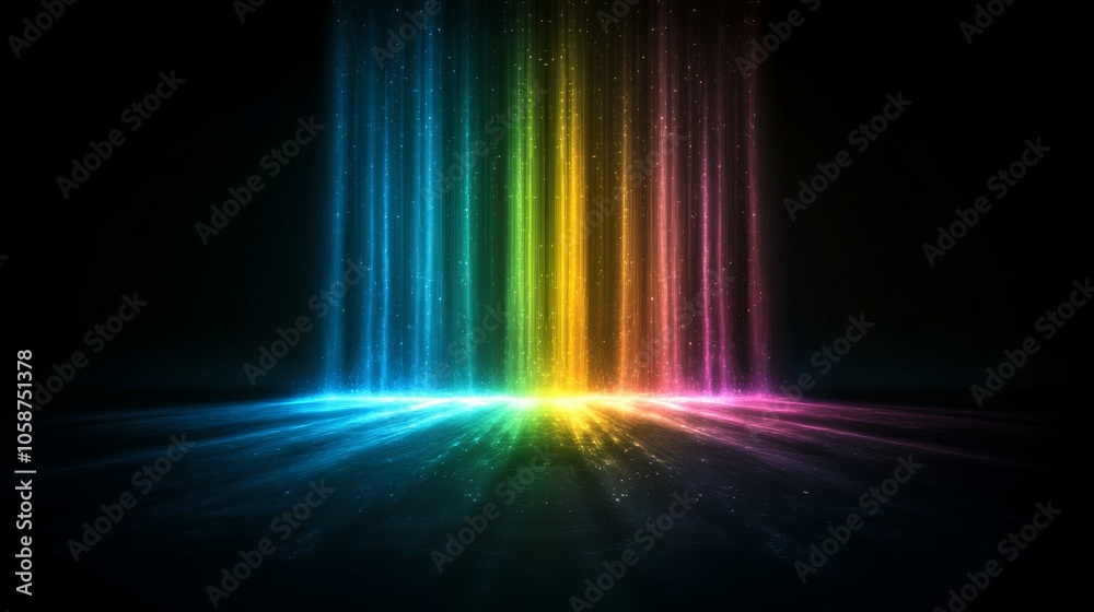 Poster eight multicolored rays of light shoot down from the top of the image, illuminating the ground in a 