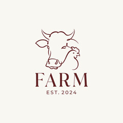 Farm logo concept with cow and chicken line art
