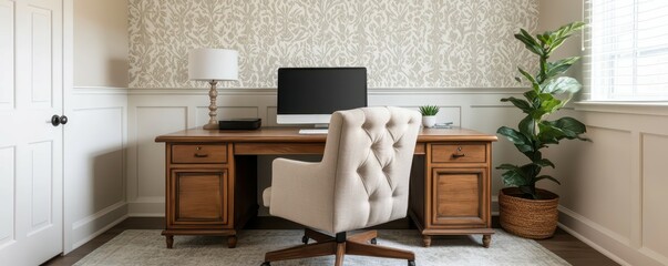 Cozy office featuring vintage rustic furniture and warm lighting for a relaxing work atmosphere.