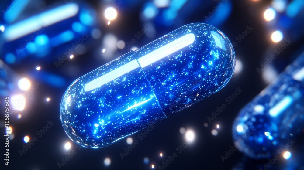 Poster A close-up of a blue capsule with a sparkling effect, floating in a dark background