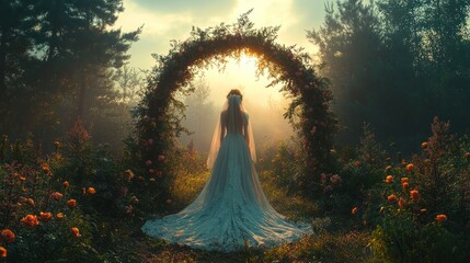 A bride stands in a field of roses, facing a floral archway with the sun shining through.