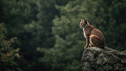 Obraz premium Solitary Iberian Lynx Sitting On A Stone Ledge With A Dense Forest Blurred Background Looking Away