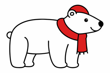  Vector Outline of A cute Polar Bear wearing a Santa clause hat and scarf on white background.