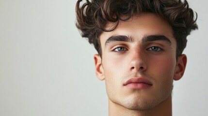 Obraz premium Portrait of a young man sporting an asymmetrical hairstyle, capturing the essence of modern style with a clean background providing ample copy space for text.
