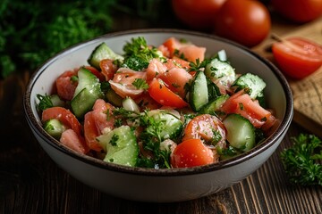 Fresh Vegetable Salad With Cucumbers and Tomatoes Served in a Bowl With Herbs on a Wooden Table