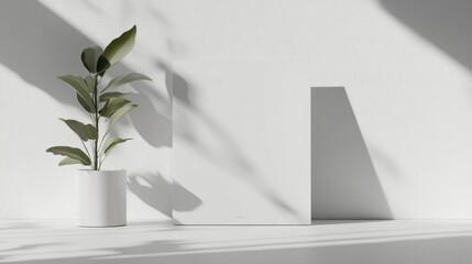 A standing brochure mockup is presented in a bright environment highlighting its simple and elegant design using light and shadow