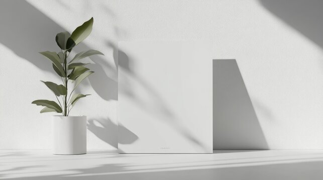 A standing brochure mockup is presented in a bright environment highlighting its simple and elegant design using light and shadow