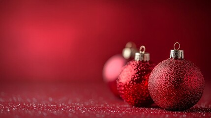 Three red Christmas ornaments are sitting on a red background