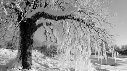 Snow resting on an ice coated tree