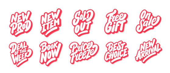 Marketing and promotion vector lettering stickers set. Collection of tags, banners and sales labels for promotion media.