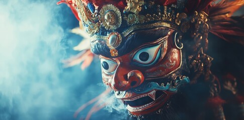 Detailed Image of Balinese Barong Mask Used in Traditional Dance, Dark Photography