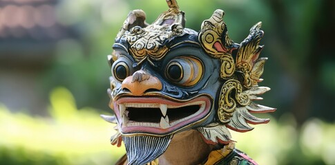 Fototapeta premium Detailed Image of Balinese Barong Mask Used in Traditional Dance, Dark Photography