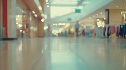 A blurred view of a shopping mall floor with people walking in the background.