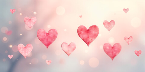 Valentine's Day background on a peach-colored surface with copy space. Cute red and pink hearts are flying in motion, with a soft tone and a cute style for a love concept