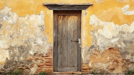 A quaint door set within a weathered peeling wall