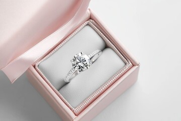 Diamond ring in jewelry gift box floated on white background 