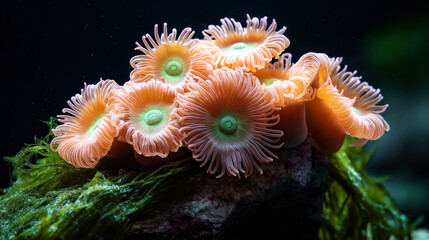 Close-up view of colorful coral polyps in an underwater marine environment, showcasing vibrant orange and pink hues with green centers, surrounded by aquatic plants.