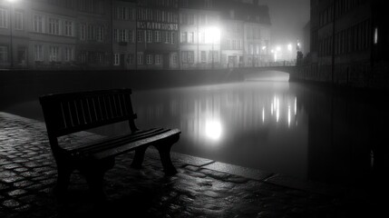 A solitary bench sits by a misty canal in a European city at night.