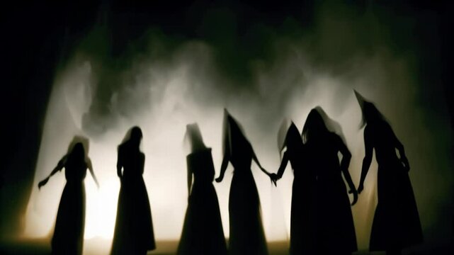 Eerie silhouettes of witches stand against misty backlight. Supernatural atmosphere. Dark figures move mysteriously in dramatic shadow play suggesting occult ritual or ghostly dance performance.
